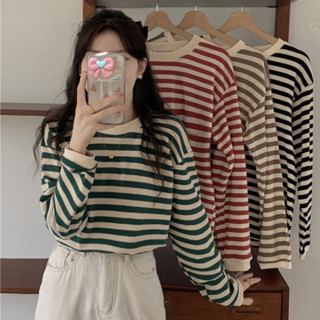 heygirlshop.th เสื้อแขนยาว ลายทาง คอกลม ไหมพรมผ้าถักหนาๆ กันหนาว สีสวยๆ