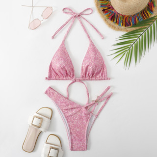 (พร้อมส่ง) Bikini pink butterfly บิกินี่สีชมพู ดีเทลห่วงรูปผี้เสื้อ ผ้าลายจุดวิ้งๆ ชุดว่ายน้ำสายฝอ น่ารักเซกซี่