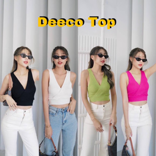 Deeco top เสื้อไหมพรมผ้าร่องเนื้อนิ่ม ดีเทลคอวีไขว้ มี4สี