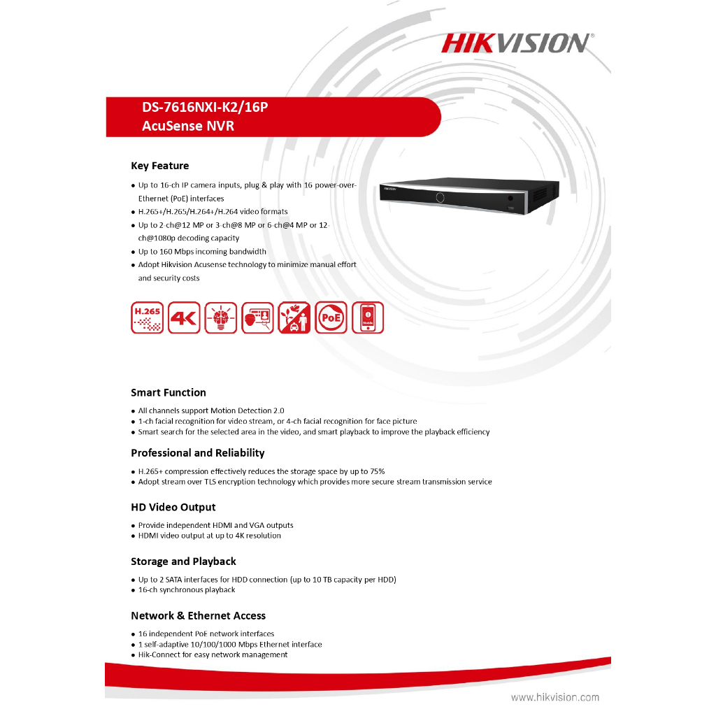 HIKVISION เครื่องบันทึกกล้องวงจรปิด IP NVR 16POE รุ่น DS-7616NXI-K2/16P(D) มาแทน DS-7616NI-K2/16P