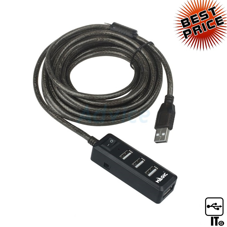 4 Port USB HUB v2.0 MAGIC TECH MT72 Extension 5M. (Black) ยูเอสบี ประกัน 1Y USB HUB With Adapter