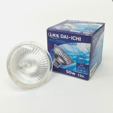 หลอดไฟฮาโลเจน Halogen MR16 50W 12V และ 220V ขั้ว GU5.3 ใช้บัลลาสต์ แสงออกส้ม หลอดไฟส่องตู้โชว์สินค้า ยี่ห้อ DAI-ICHI