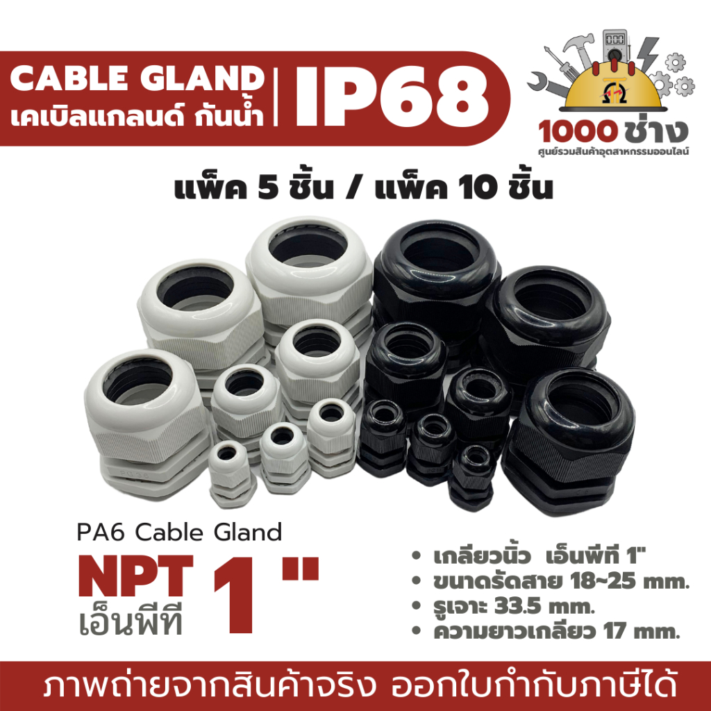 NPT1" พลาสติกเคเบิ้ลแกลนด์กันน้ำ IP68 ไนล่อน พีเอ6 (Nylon/PA6/Plastic Cable Gland) แพ็ค 5 ชิ้น / แพ็ค 10 ชิ้น