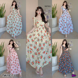 18373 Set 2 ชิ้น เสื้อผูกไหล่ ลายดอกไม้ + กระโปรงยาว ลายดอกไม้ Set of 2 pieces: floral print blouse + long skirt