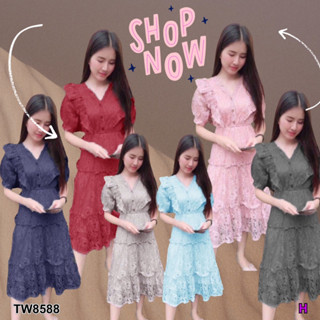 TW8588 Dress เดรสลูกไม้แขนตุ๊กตา อกแต่งระบาย ติดกระดุม งานลูกไม้ลายสวย