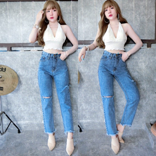 Cc jeans 084 XXL กางเกงยีนส์ผู้หญิง ทรงบอย เอวสูง ปลายขาตัดรุ่ย กางเกงผู้หญิง