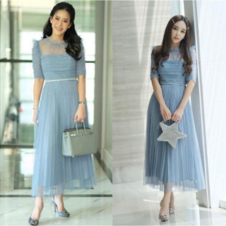 SP145 : Dot Mesh Trim Midi Dress ชุดเดรสยาวลายจุด แขนสามส่วน สีฟ้า