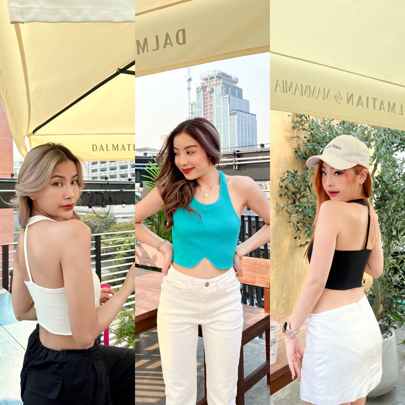 [ซื้อ2ตัวลดเพิ่ม]LTS01 - begin tank top เสื้อครอป เสื้อกล้ามกึ่งคล้องคอ มีสายด้านหลัง (สีขาว/สีดำ/สี