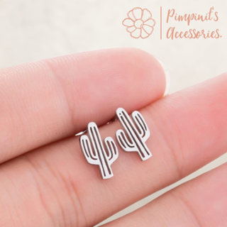 🇹🇭 พร้อมส่ง :🌵 ต่างหูสแตนเลสสไตล์มินิมอลลายกระบองเพชร | Cactus Minimalist Stainless Steel Stud Earring.