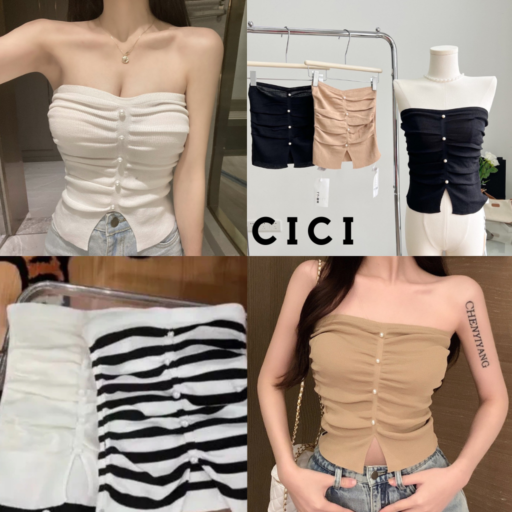 Cici(NO.4192)Strapless Top เสื้อเกาะอกไหมพรมดีเทลแต่งผ้าย่น มีกิมมิคมุกเก๋ๆสไตล์โคเรีย