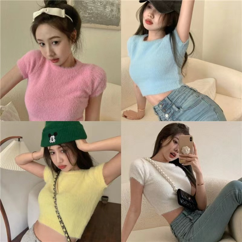 Bonnie(พร้อมส่ง/ใหม่)#80069เสื้อสเวตเตอร์แขนสั้นเสื้อยืดแฟชั่นผู้หญิงกำมะหยี่สลิมฤดูร้อนสไตล์ฮ่องกง