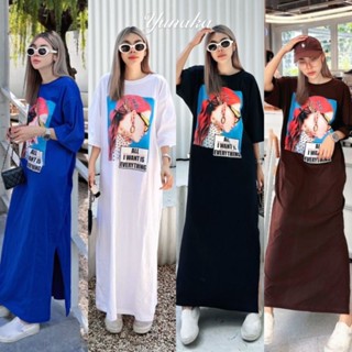 maxi dress เดรสยาวคอกลมแขนสั้น ทรง Oversize ดีเทลผ่าข้างเล็กน้อยสกรีนสวย คมชัด งานแนว korea style