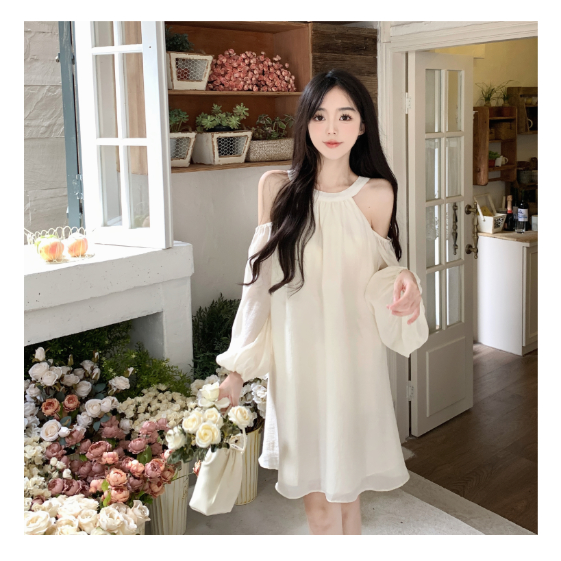 cherryshop พร้อมส่ง เดรส เดรสเกาหลี แขนยาว ทรงหลวม เรียบหรู คอปาดเปิดไหล่