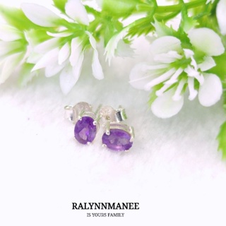 BA030 ต่างหูพลอยอเมทิสต์แท้ ( Amethyst ) ตัวเรือนเงินแท้ 925 ชุบทองคำขาว