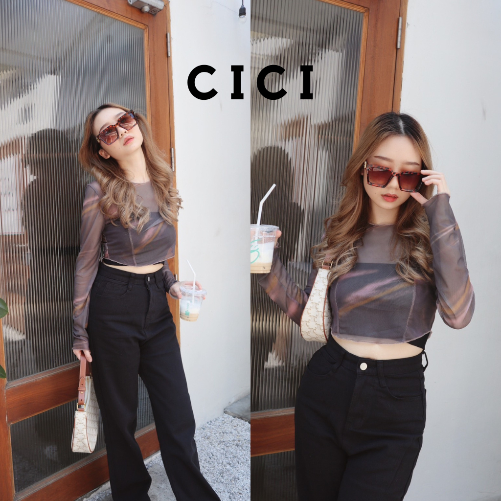 ส่งทันที Cici(NO. J290)Crop Top เสื้อครอปแขนยาวซีทรูพิมพ์ลายสไตล์y2k ผ้าบางใส่สบายปังสุดๆ
