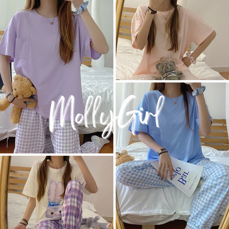 Mollygirl ชุดเซตพร้อมกางเกงลายสก็อตสีพาสเทล น่ารักสไตล์โคเรีย