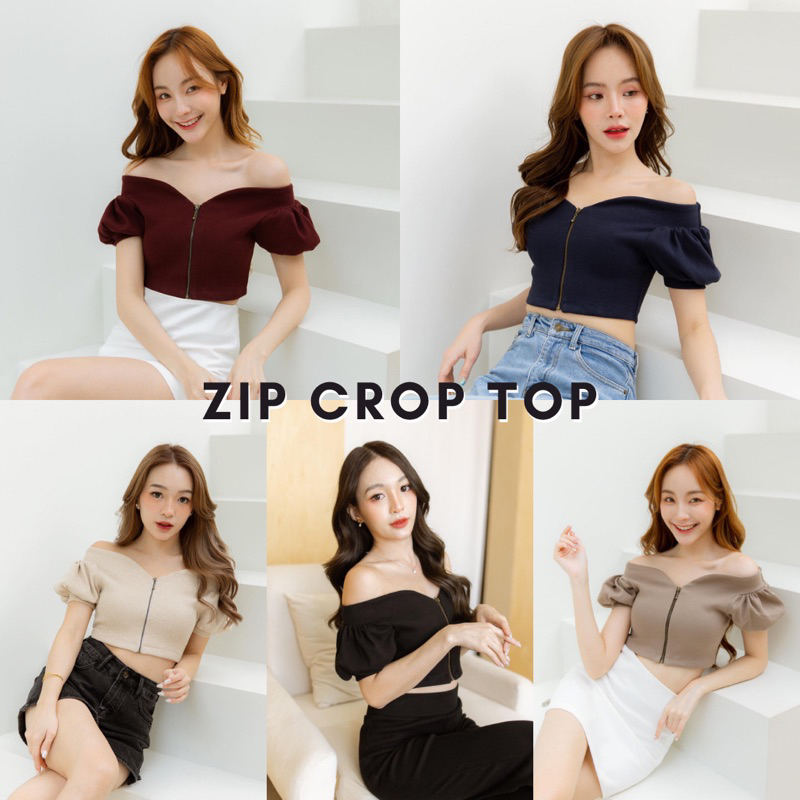 E-tax[เหลือ4xx.-ลด30%เก็บโค้ด"ร้านโค้ดคุ้ม"]Basicnotbasics - Zip crop top เสื้อครอป เสื้อปาดไหล่ ซิปหน้า