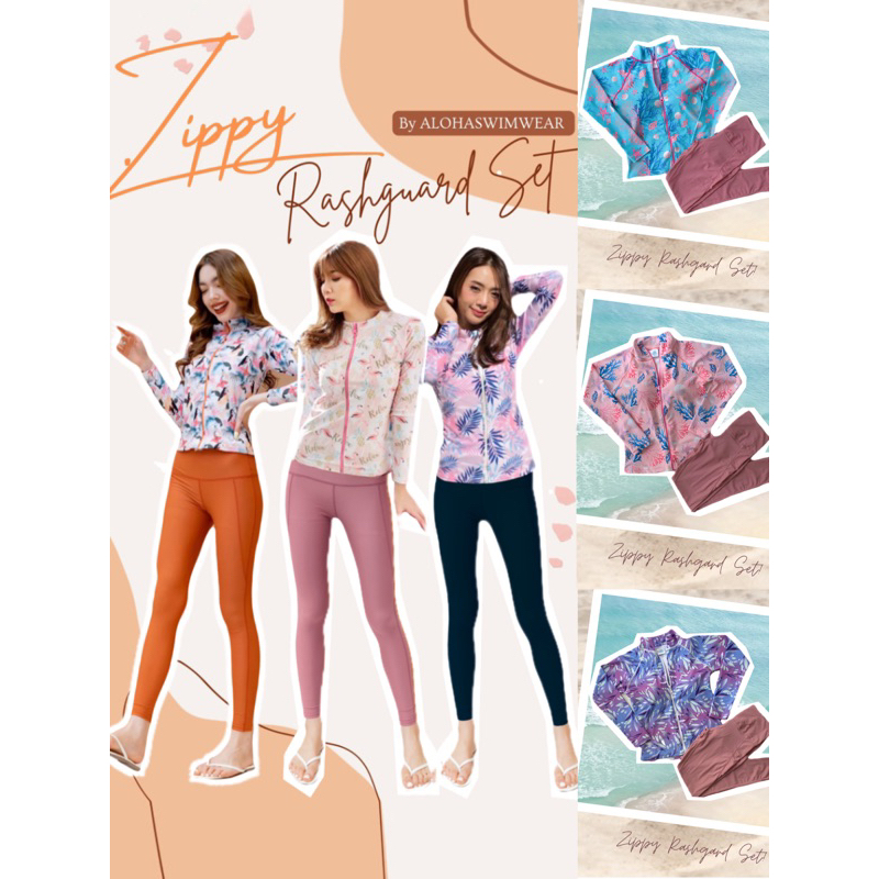( L, XL, 2XL) ชุดว่ายน้ำแขนยาวแบบซิปหน้า “โทนสว่าง” พร้อมกางเกงขายาว