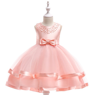 ชุดราตรีเด็ก ชุดเดรสเด็ก สีชมพูปักไข่มุกกระโปรงระบาย 2ชั้น Pink pearl embroidered childrens evening dress.