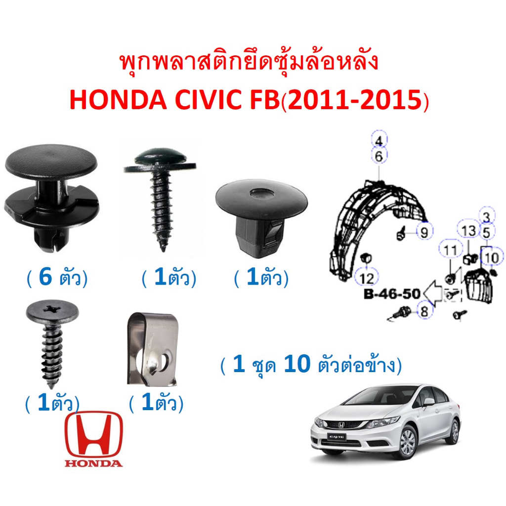 SKU-A635 (1ชุด 10ตัวต่อข้าง) พุกพลาสติกยึดซุ้มล้อหลัง HONDA CIVIC FB(2011-2015)