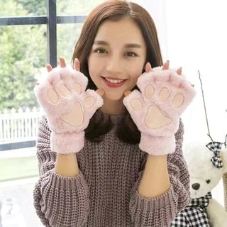 ส่งจากไทย ถุงมือหมีสตรี คอสเพลย์แมว ถุงมือครึ่งนิ้ว ผ้ากํามะหยี่ น่ารัก ถุงมือสั้น กันหนาว 01MZSTXL