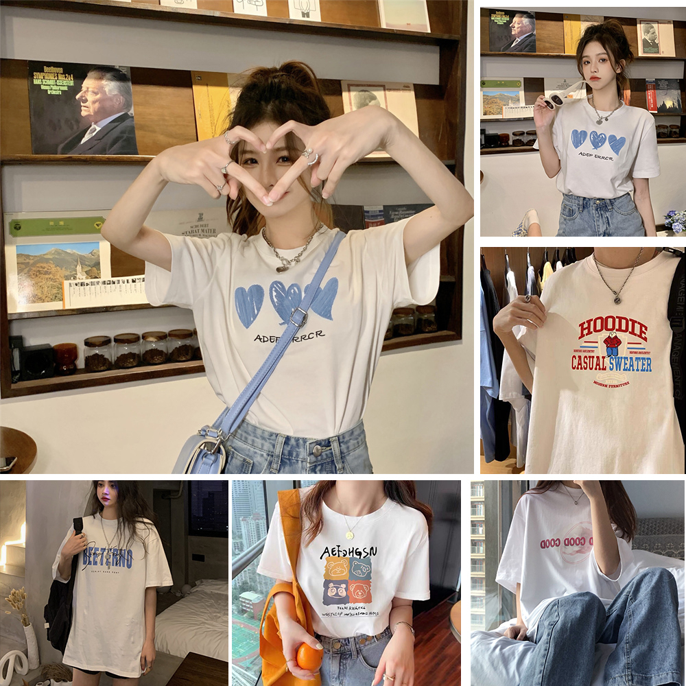 [มี 5 ลายให้เลือก]😘เสื้อยืดแขนสั้นพร้อมส่ง😘เสื้อผ้าผู้หญิง ลายเกาหลี ผ้านิ่มมาก น่ารัก สุด cute oversize T-shirt เรียบๆ