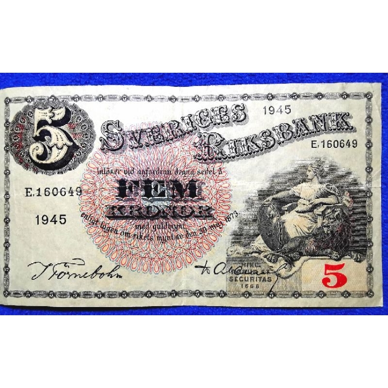 แบงก์​สวีเดน​ Sweden, 5 Kronor, (รุ่น​เก่า Mother Svea), ใช้แล้ว, B805T
