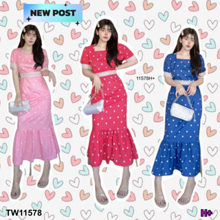 TwinsShopVip💗พร้อมส่ง TW11578 เดรสคอเหลี่ยมลายหัวใจแต่งลูกไม้