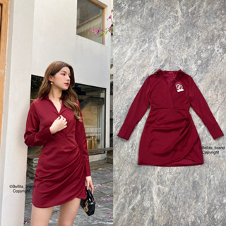 เดรส สีแดงใส่แล้วรับทรัพย์ปังๆ คอวี แขนยาวติดกระดุมปลายแขน เอวเข้ารูป ผ้าจับเดรปเก๋ๆ