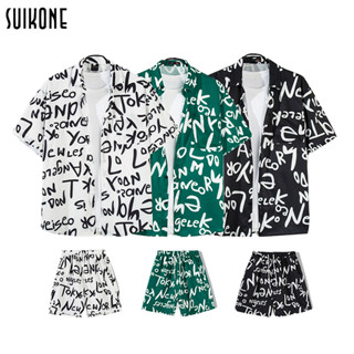 Suikone เสื้อยืดผู้ชาย ชุดเสื้อเชิ้ตกางเกงขาสั้นผู้ชายแฟชั่นพิมพ์ลายหลวมแบบลำลองทรงตรงสไตล์คู่รักแบรนด์ Tide สองแพ็ค