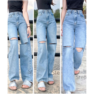 Oops Jeans กางเกงยีนส์ขายาวทรงกระบอกสีสโนแต่งขาดเข่างานสวยมากก