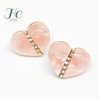 ต่างหูหัวใจลายหินอ่อนสีชมพู คาดเพชรเม็ดเล็ก น่ารักหรูหรา ใส่ออกงานได้