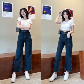 กางเกงยีนส์ขาวยาวเอวสูงทรงกระบอกแต่งกระเป๋า MINI JEANS