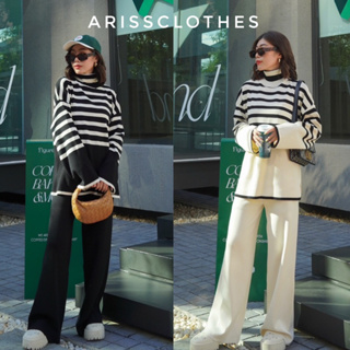 ชุดเซ็ตลาย ชุดเซ็ตไหมพรม ผ้า knit Premium Knit Stripes High Neck Long-Sleeves Top + Pants