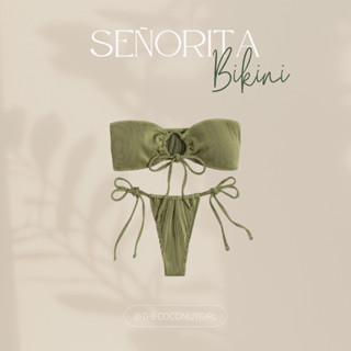 Señorita bikini พร้อมส่ง ชุดว่ายน้ำบิกินี่สายฝอ เกาะอกผูกหน้า ผ้าร่อง กางเกงผูกข้าง