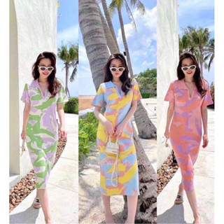 🌈 พร้อมส่ง🌈เดรสไหมพรม Maxidress ทรงคอโปโแขนสั้น งานลายผ้าในตัว ทอลายสาดสีสลับสีพาสเทล เดรสยาว