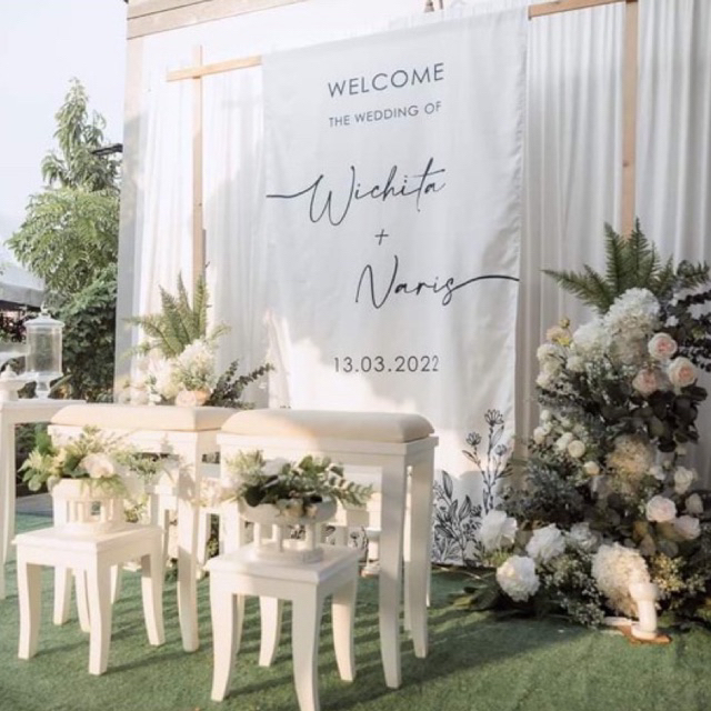 ป้ายผ้าดิบ พิมพ์ลาย ผ้าดิบ ขนาด 1.2x2.4 เมตร ปลายธง ป้าย Welcome ตกแต่ง Backdrop สถานที่ งานแต่งงาน 