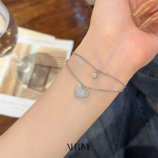 BR011 สร้อยข้อมือสองชั้น สีเงิน ห้อยจี้หัวใจเพชร เรียบ หรู✨ahrime.bkk