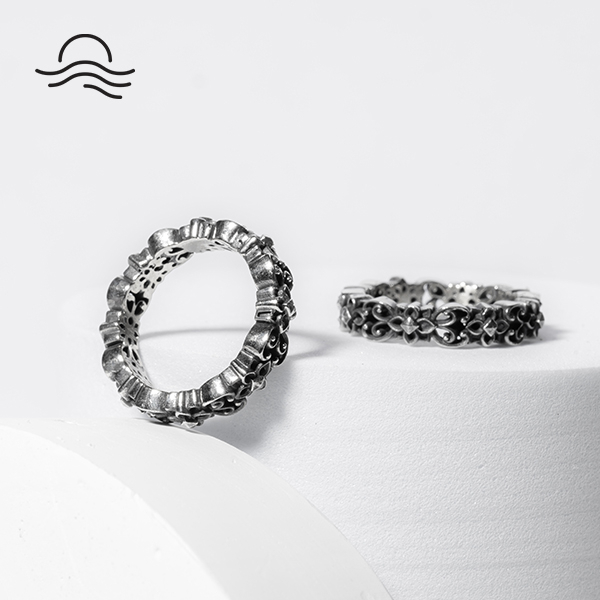 CHANTARA - แหวนเงินแท้92.5% แกะลวดลายประจำยามลายไทย "Thai Art Hoop Ring" แหวนวินเทจ ฟรีผ้าเช็ด