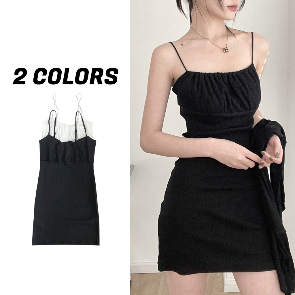Sale80% มินิเดรสสายเดี่ยวหน้าอกจีบย่น สายปรับได้ 2 สี