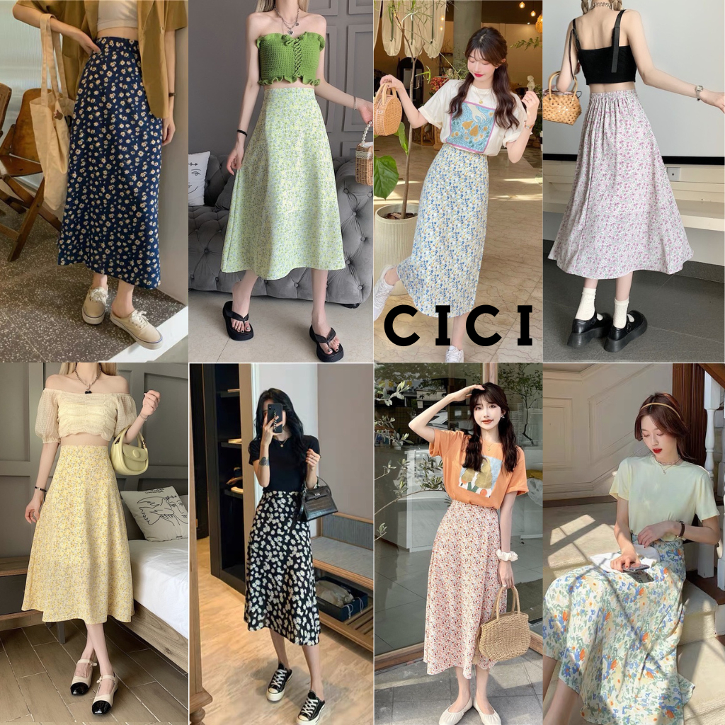 ส่งทันที Cici(021)กระโปรงพิมพ์ลายดอกไม้ น่ารัก สวยหาวน เนื้อผ้าทิ้งตัว เอวสม๊อคหลัง มีซับใน