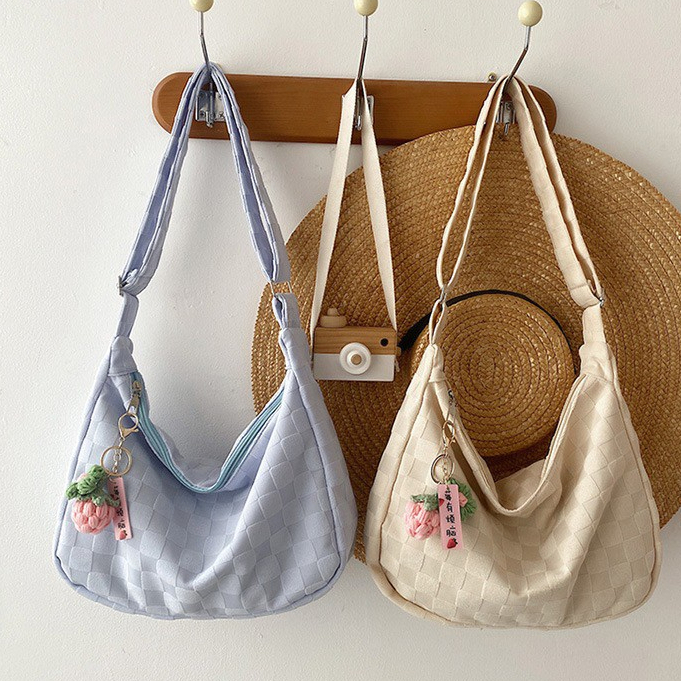 SIAMBAGSHOP(S1843) กระเป๋าสะพายข้างผ้าฝ้ายสีพื้นลาย-เส้นตาราง สไตล์เกาหลี(ไม่มีที่ห้อยแถม)