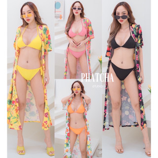 MAYFASHIONBIKINI ชุดเซ็ท 3ชิ้นปังๆ ยั่วๆ เซ็กซี่สุดๆ เสื้อคลุมพิมพ์ลายผลไม้แขนสั้น มาพร้อมบิกินี่ผูกคอและผูกเอว