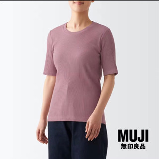 สื้อคอกลม ผู้หญิง ลายทางนูน แขนสองส่วน MUJI