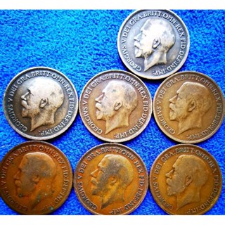 เหรียญ​อังกฤษ​อายุ​100​ปี​ UK, 1 Penny, ( George​ V เรียงปีจูงมือกันมา7เหรียญ), #​719T, ใช้แล้ว