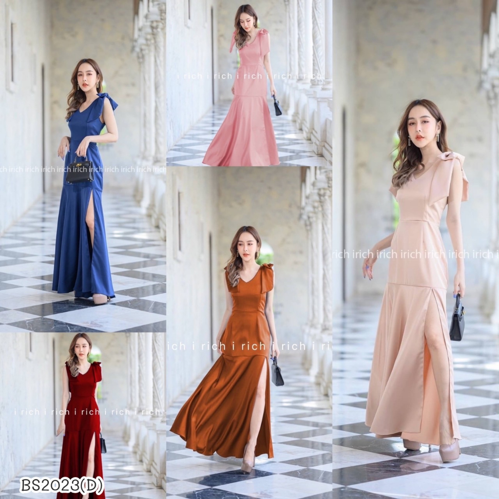 BS2023 Maxidress မက်ကစီဒရက်စ် - လက်ဖက်ရိုင်း/ဘိုး (အကျယ်) လည်ပင်းနှစ်ဖက်၊ စော်ပေါ့မြင့်အောက်ခြေစွဲဇစ်နောက်