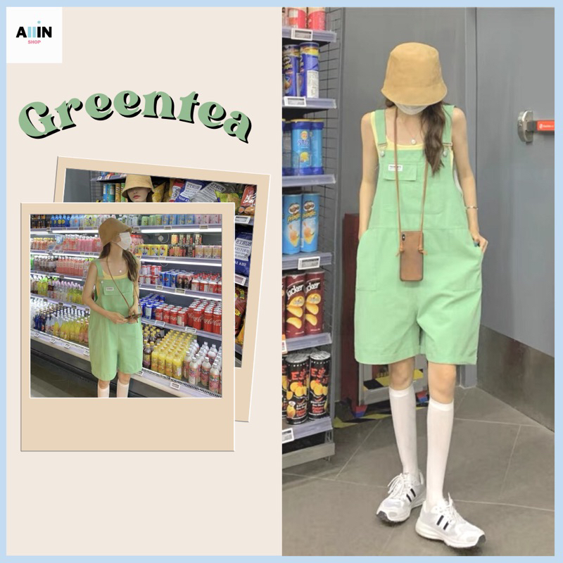 พร้อมส่ง Green Jumpsuit เอี๊ยมกางเกงขาสั้น เสื้อผ้าสไตล์เกาหลี สีเขียว