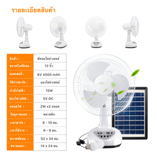 พัดลมโซล่าเซลล์ 12 นิ้ว พัดลมตั้งพื้น พร้อมแผงโซล่าเซลส์ หลอดไฟ LED 2 หลอด solar fan 2ระบบ วัสดุแข็งแรง ทนทาน มีUSB