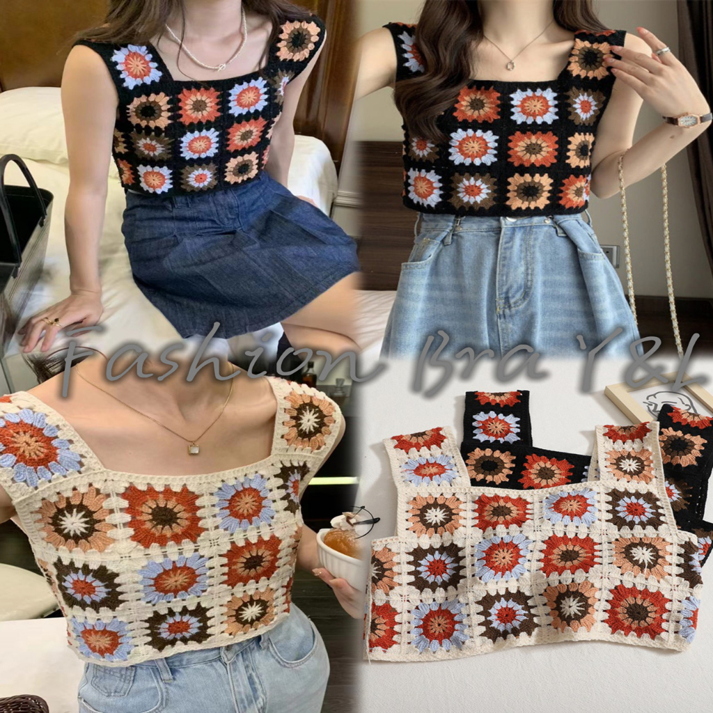 1100# เสื้อกล้ามผ้าไหมพรมถัก สายเดี่ยวใหญ่ ทรงแขนกว้าง 2 สี ถักลายสี