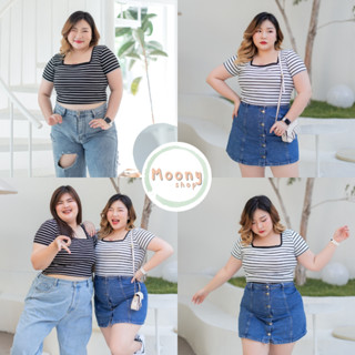 🍭Moonyshop🍭เสื้อครอป แขนสั้นลายริ้ว Crop Top Plussize ใส่ไม่ได้เปลี่ยนได้ #507